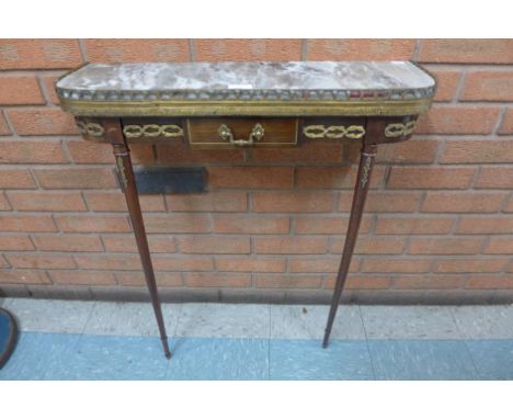 A French Louis XV style inlaid mahogany and marble topped console table