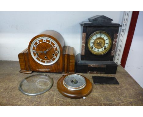 A French Belge noir mantel clock, a Westminster chime mantel clock and aneroid barometer