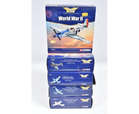 FIVE BOXED 1:72 SCALE CORGI WORLD WAR II EUROPE AND AFRICA AVIATION ARCHIVE DIECAST MODEL AIRCRAFTS, the first s Junkers Ju 8