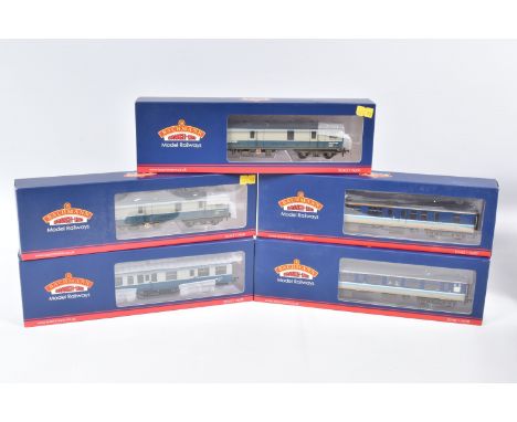 FIVE BOXED OO GAUGE BACHMANN BRANCHLINE MODEL RAILWAY COACHES, to include two BR Mk1 GUV NXA Intercity Motorail in Blue and G