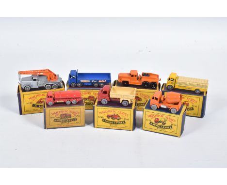 SEVEN BOXED MOKO LESNEY MATCHBOX SERIES LORRY AND TRUCK MODELS, E.R.F. Road Tanker 'Esso', No.11, red body, gold trim, metal 