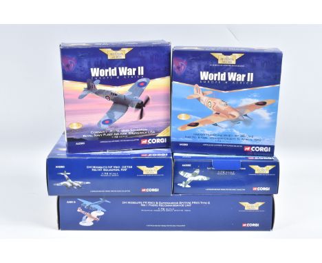 FIVE BOXED 1:72 SCALE LIMITED EDITION CORGI AVIATION ARCHIVE DIECAST MODEL AIRCRAFTS, the first a DH Mosquito NF MkII, number