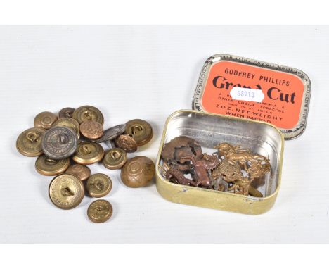A SMALL COLLECTION OD BADGES AND BUTTONS, to include an Army General Service corps cap badge, a kings own Liverpool collar ba