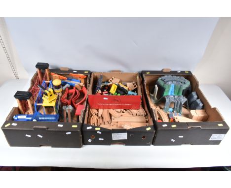 A QUANTITY OF UNBOXED AND ASSORTED PLAYWORN WOODEN PUSH ALONG RAILWAY ITEMS, locomotives, rolling stock, assorted track, brid