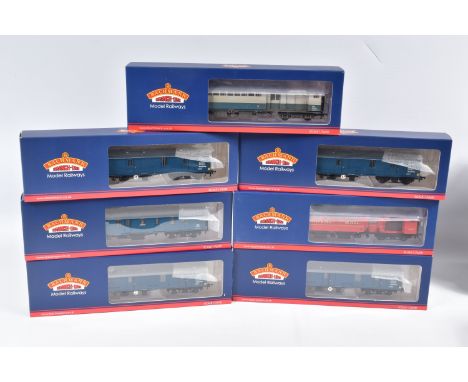 SEVEN BOX OO GAUGE BACHMANN BRANCHLINE MODEL RAILWAY COACHES, to include four Mk1 General Utility Van  'Express Parcels' in B