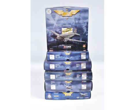 SIX BOXED 1:144 SCALE CORGI AVIATION ARCHIVE DIECAST MODEL AIRCRAFTS, the first a Douglas Dakota - RAF numbered 47111, the se