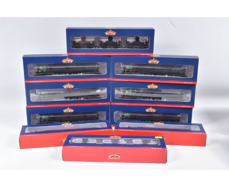 TEN BOXED OO GAUGE BACHMANN BRANCHLINE RAILWAY TANK WAGONS, to include eight 100 Ton Tea Bogie Tank Wagon Crude Oil in BP Bla