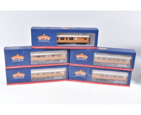 FIVE BOXED OO GAUGE BACHMANN BRANCHLINE MODEL RAILWAY COACHES, to include a Thompson 3rd Class Corridor in LNER Teak, item no