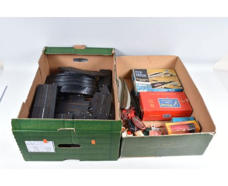 TWO BOXES OF TRI-ANG MINIC MOTORWAYS TRACK, CARS AND BOXED ACCESSORIES, to include a large quantity of track, a boxed flyover