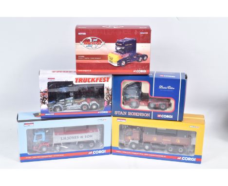 FIVE BOXED 1:50 SCALE CORGI HAULAGE CABS AND TRUCKS, the first a Stan Robinson ERF ECS Tractor Unit, numbered CC12706, card n