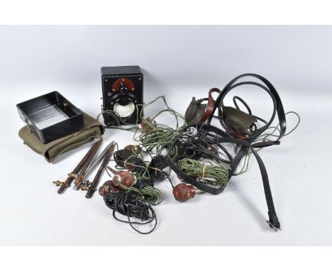 VARIOUS ITEMS OF MILITARY ELECTRIC EQUIPTMENT, to include earphones, cables, a OHMS meter and a British Army Vapour detection