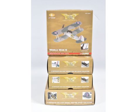 FOUR BOXED LIMITED EDITION 1:72 SCALE WORLD WAR II CORGI AVIATION ARCHIVE DIECAST MODEL AIRCRAFTS, the first a Gloster Sea Gl