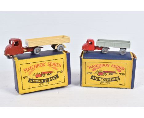 TWO BOXED MOKO LESNEY MATCHBOX SERIES SCAMMELL MECHANICAL HORSE, No.10, earlier small version with red cab, gold trim, grey t