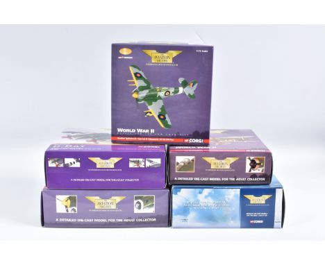 FIVE BOXED 1:72 SCALE CORGI AVIATION ARCHIVE DIECAST MODEL AIRCRAFTS, the first a World War II Hawker Typhoon IB, numbered AA