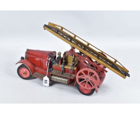 A JEP TINPLATE DELAHAYE FIRE TRUCK, No.7390, 1920's French, with detachable extending ladder to rear (not extending), red lit