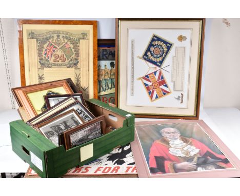 A QUANTITY OF MILITARY PRINTS, MIRRORSAND PHOTOGRAPHS, a box and loose, including a reproduction advertising mirror ‘All Rank