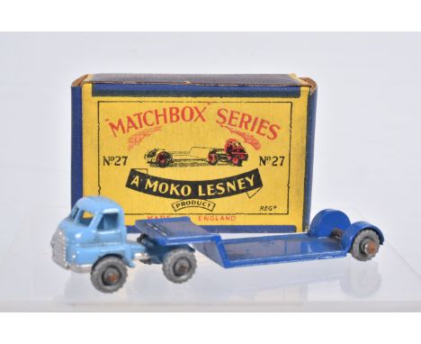 A BOXED MOKO LESNEY MATCHBOX SERIES BEDFORD  ARTICULATED LOW LOADER, No.27, earlier small er version, pale blue cab, darker b