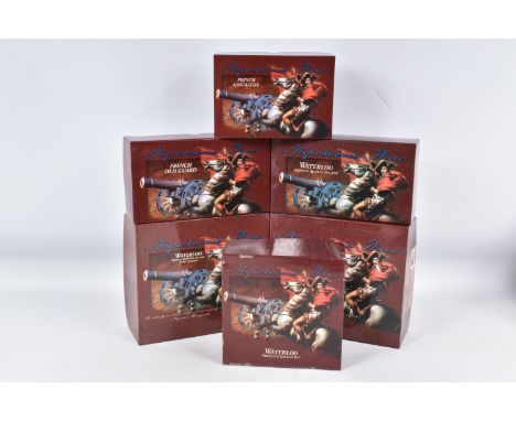 SIX BOXED BRITAINS FRENCH NAPOLEONIC WARS WATERLOO FIGURES AND SETS, to include two Imperial Guard with Canon sets, numbered 