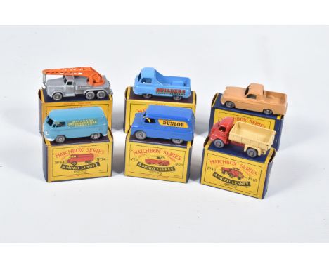 SIX BOXED MOKO LESNEY MATCHBOX SERIES MODELS, Bedford CA Van 'Dunlop', No.25, metal wheels, Magirus Deutz Crane Truck, No.30,