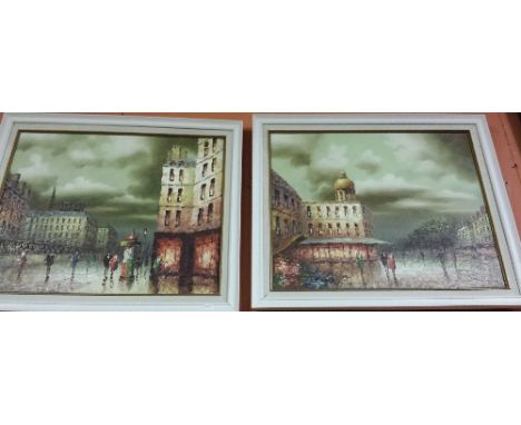 A Pair of Oils on Canvas by I. Costello. Continental Street Scenes Each signed lower right and in limed frames with linen ins