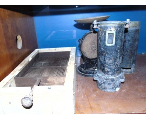 A Vintage Grain Sieve, an Old Scales and a Grain Moisture Tester.