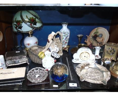 A Shelf of Decorative Items, to include an Aynsley vase, a Royal Tara vase and mantel clock, etc.