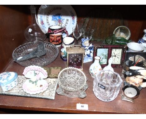 A Shelf of Assorted Decorative Ceramics, to include Kilarney crystal, toby jugs, etc. 