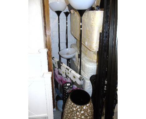 A Quantity of Items to include four lights, two sets of wall mounted shelves, mirror, print, a model of a cat and a large urn