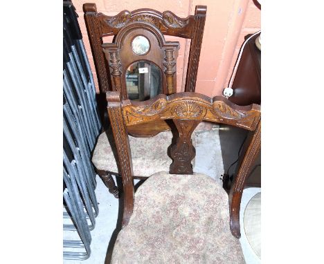 An Unusual Mahogany Wall Mirror with shelf and inset print, together with a pair of late 19th century chairs. (3)