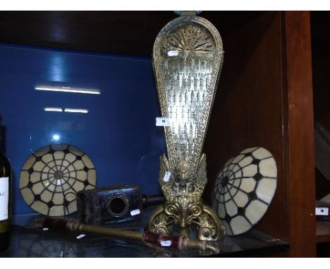 A Brass 'Fan' Fire Screen, along with a leather Barbers Strap, an old coach lamp, a brass pump and two leaded dishes (6).