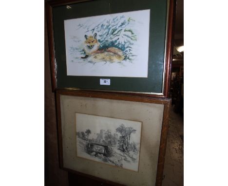 A Watercolour of a Fox, a Pencil Sketch of a Landscape Scene and a Colour Print of Three People, (3).