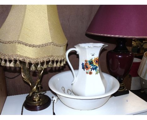 A Modern Lamp, In burgundy and green colours and A Wash Jug & Basin in the Victorian Style.