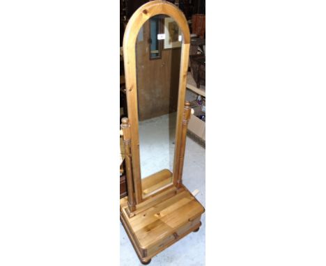 A Modern Natural Pine Cheval Mirror, box base with one short drawer on ball & claw feet.