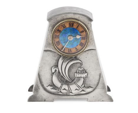 LIBERTY &amp; CO., LONDON  'TUDRIC' PEWTER AND ENAMEL MANTEL CLOCK, CIRCA 1900   the dial set with turquoise enamel within ta