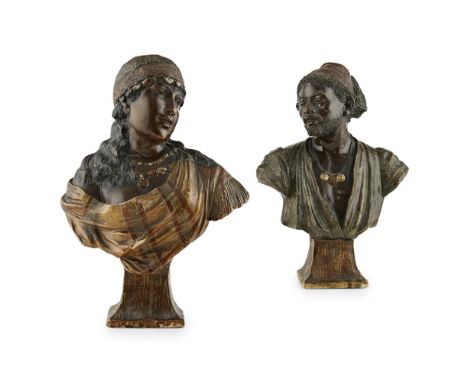 FRIEDRICH GOLDSCHEIDER (1845-1897)  PAIR OF PATINATED TERRACOTTA BUSTS, LATE 19TH CENTURY   depicting a North African couple 