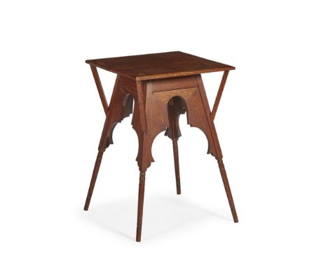 LIBERTY &amp; CO., LONDON  ANGLO-MORESQUE MAHOGANY OCCASIONAL TABLE, CIRCA 1900   the square top with bracket supports above 