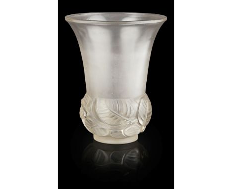 RENÉ LALIQUE (1860-1945)  'LILAS' FROSTED GLASS VASE, INTRODUCED 1930   of tapered form moulded with leaves, wheel-etched mar