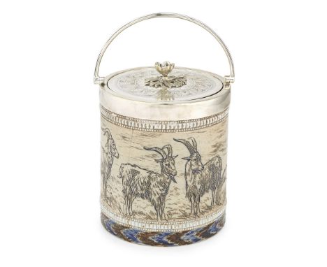 HANNAH BARLOW (1851-1916) FOR DOULTON &amp; CO., LAMBETH  STONEWARE BISCUIT BARREL &amp; COVER, DATED 1879   sgraffito decora