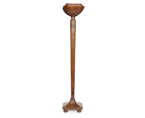 ENGLISH SCHOOL  ART DECO WALNUT AND INLAID FLOOR LAMP, CIRCA 1930   the shade with canted angles above square tapered column 