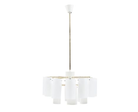 GERT NYSTRÖM FOR FAGERHULT, SWEDEN  'ARK 69' PENDANT LIGHT, CIRCA 1969   brass with opaque glass cylindrical shades  61cm dia