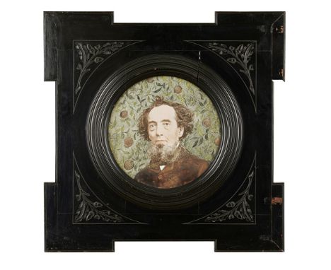 ENGLISH SCHOOL  FRAMED AESTHETIC MOVEMENT CERAMIC PLAQUE, CIRCA 1980   painted with the portrait of a gentleman against a pat