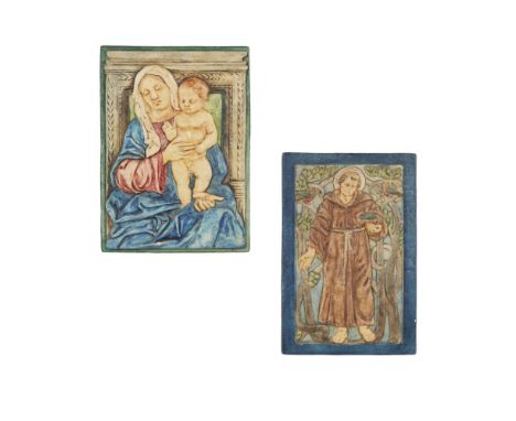 COMPTON POTTERS' ART GUILD  POTTERY WALL PLAQUE OF THE MADONNA AND CHILD   painted in tempera on plaster, impressed seal mark