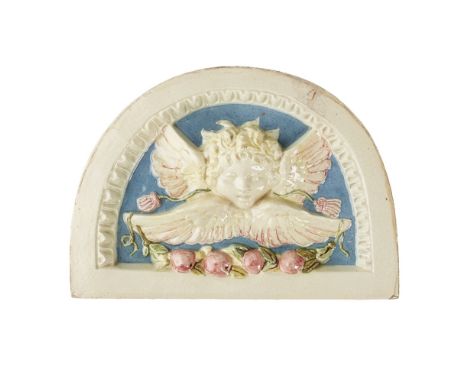 EMILY MARGARET WOOD AND EDWARD TURRI FOR DELLA ROBBIA POTTERY, BIRKENHEAD  TIN GLAZED PANEL, CIRCA 1890   depicting a winged 