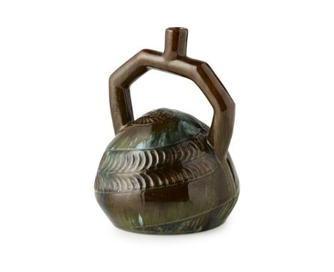 CHRISTOPHER DRESSER (1834-1904) FOR LINTHORPE ART POTTERY  TWIN-HANDLED PERUVIAN VESSEL, CIRCA 1880   with incised swirl deco