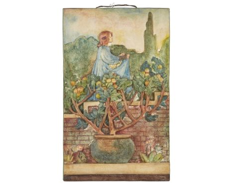 COMPTON POTTERS' ART GUILD  LARGE POTTERY PLAQUE OF A GIRL IN AN APPLE TREE   painted in tempera, impressed maker's marks COM