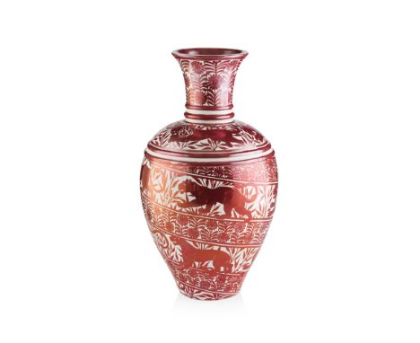 WILLIAM DE MORGAN (1839-1917)  LARGE RUBY LUSTRE VASE, CIRCA 1900   decorated with spiral bands of lions and lionesses in an 