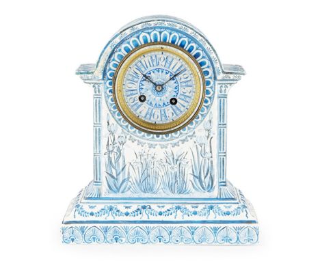 FRED MILLER FOR HOWELL &amp; JAMES, LONDON  AESTHETIC MOVEMENT CERAMIC MANTEL CLOCK, DATED 1880   the twin train movement wit