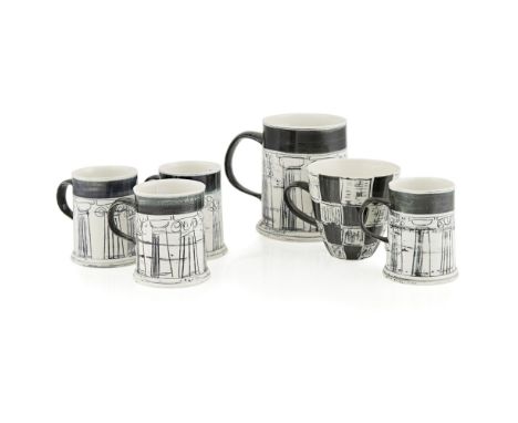 RICHARD PARKINSON (1927-1985) AND SUSAN PARKINSON (1925-2012)  SET OF FOUR POTTERY MUGS, 1950S   decorated with a series of c
