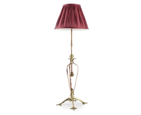 W.A.S. BENSON (1854-1924)  ARTS &amp; CRAFTS BRASS AND COPPER EXTENDING TABLE LAMP, CIRCA 1900   the central adjustable colum