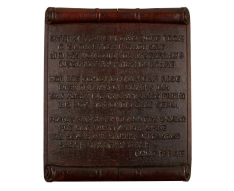 ENGLISH SCHOOL  ARTS &amp; CRAFTS CARVED OAK WALL PLAQUE, CIRCA 1900   craved in the form of a scroll, bearing inscription SL